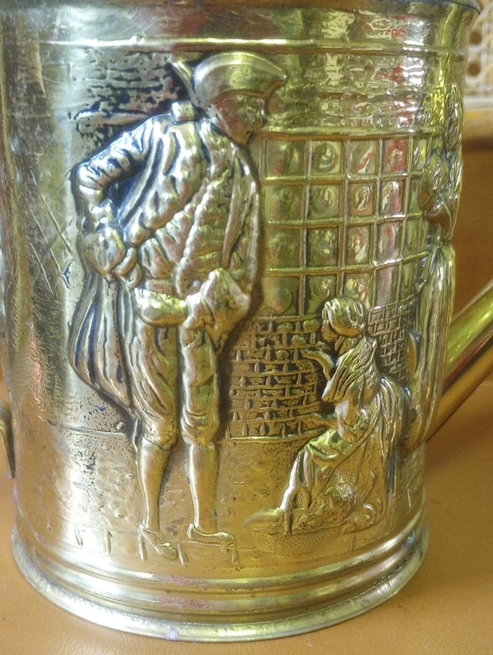 Vintage Molded Brass Watering Can w/ Colonial Historical Figures & Dogs